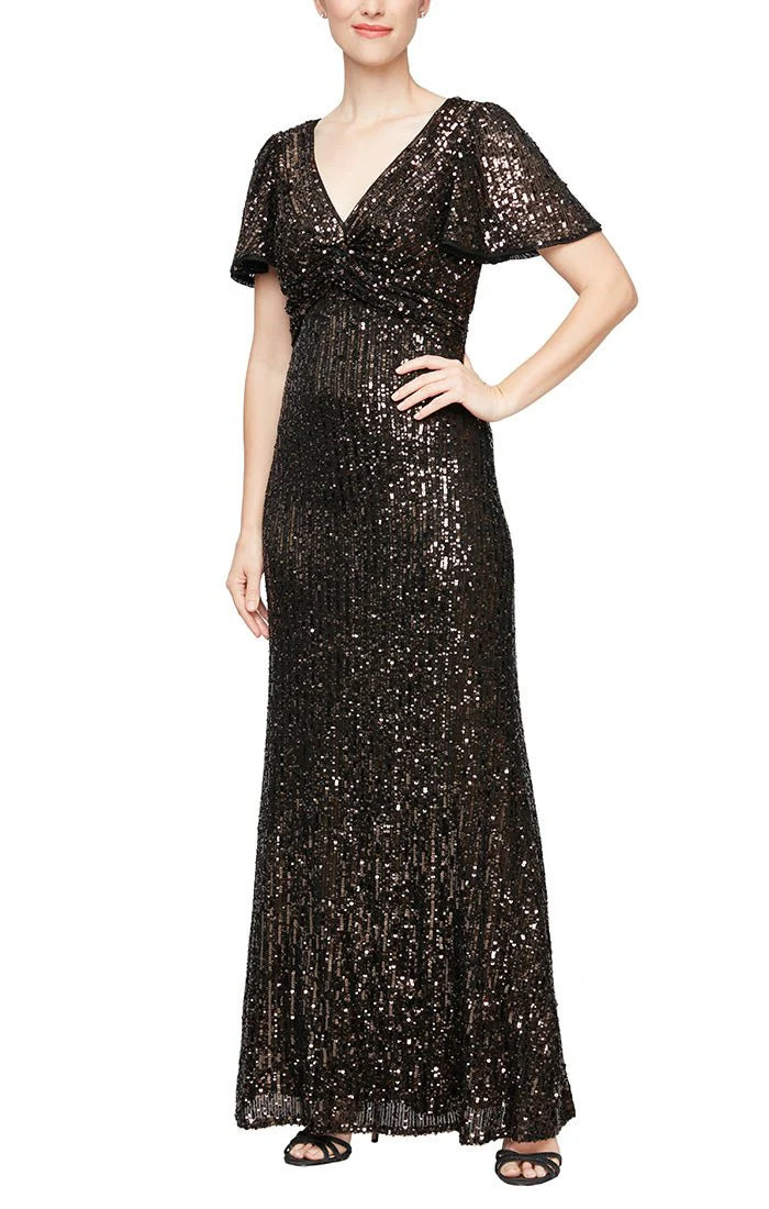 Long Sequin Dress with Twist Detail &amp; Flutter Sleeves | Alex Evenings