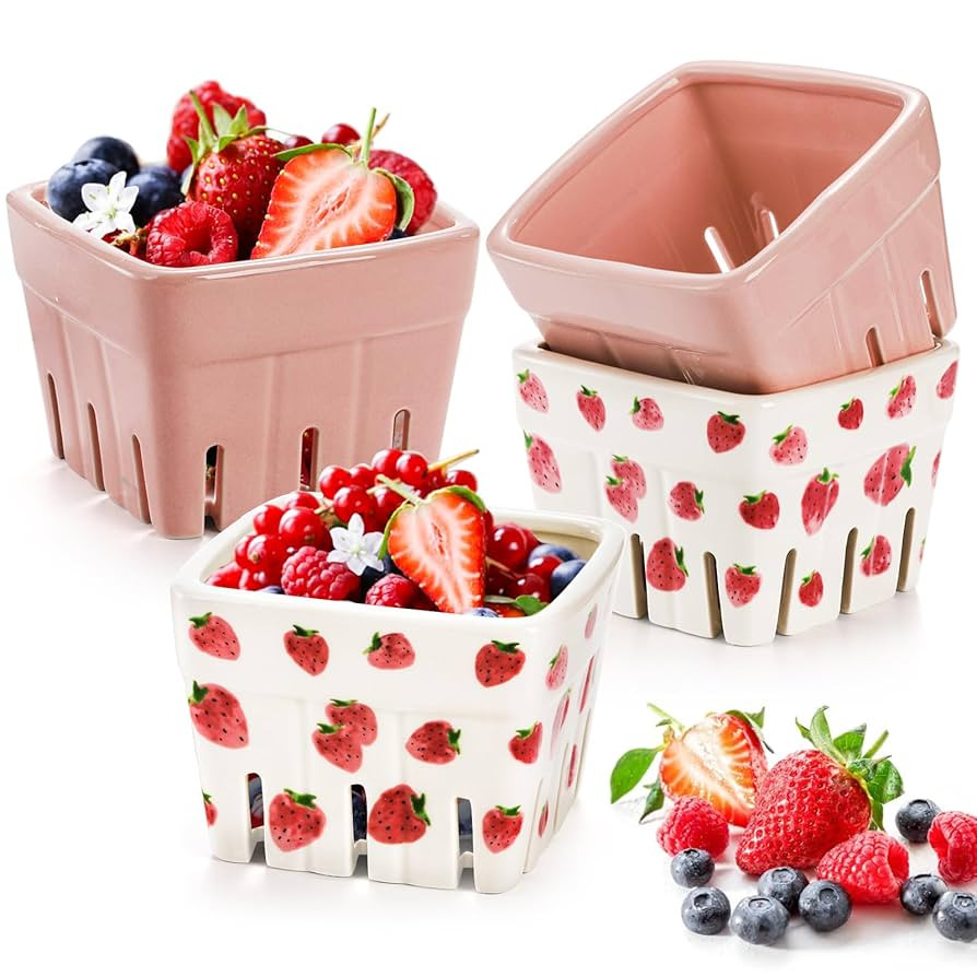 4 Pack Ceramic Berry Basket, Square Fruit Bowls, Kawaii Strawberry Kitchen Bowl Containers, Cute ... | Amazon (US)