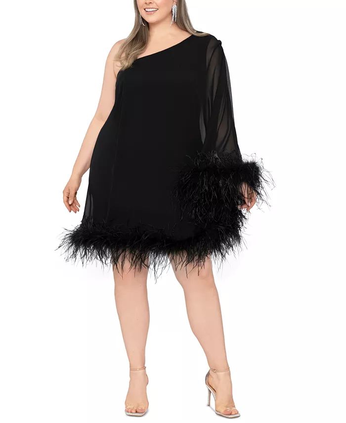 Betsy & Adam Plus Size One-Shoulder Velvet Feather-Trimmed Dress - Macy's | Macy's