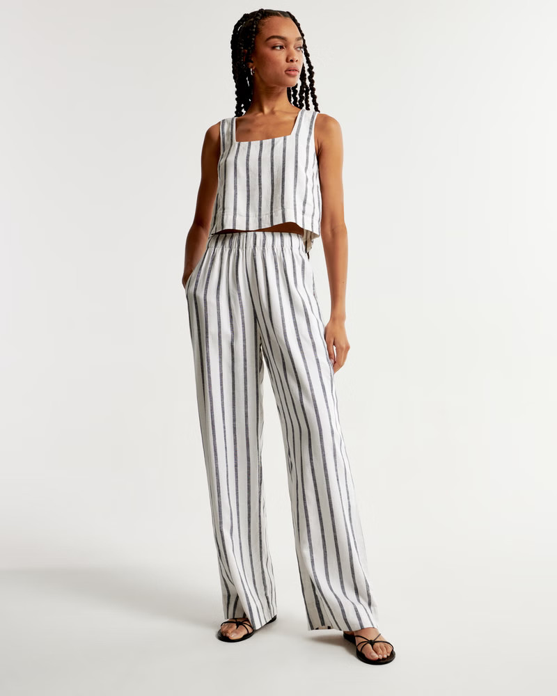 Linen-Blend Pull-On Wide Leg Pant | Striped Pants | Navy Blue And White Wide Leg Pants Outfit 2024 | Abercrombie & Fitch (US)