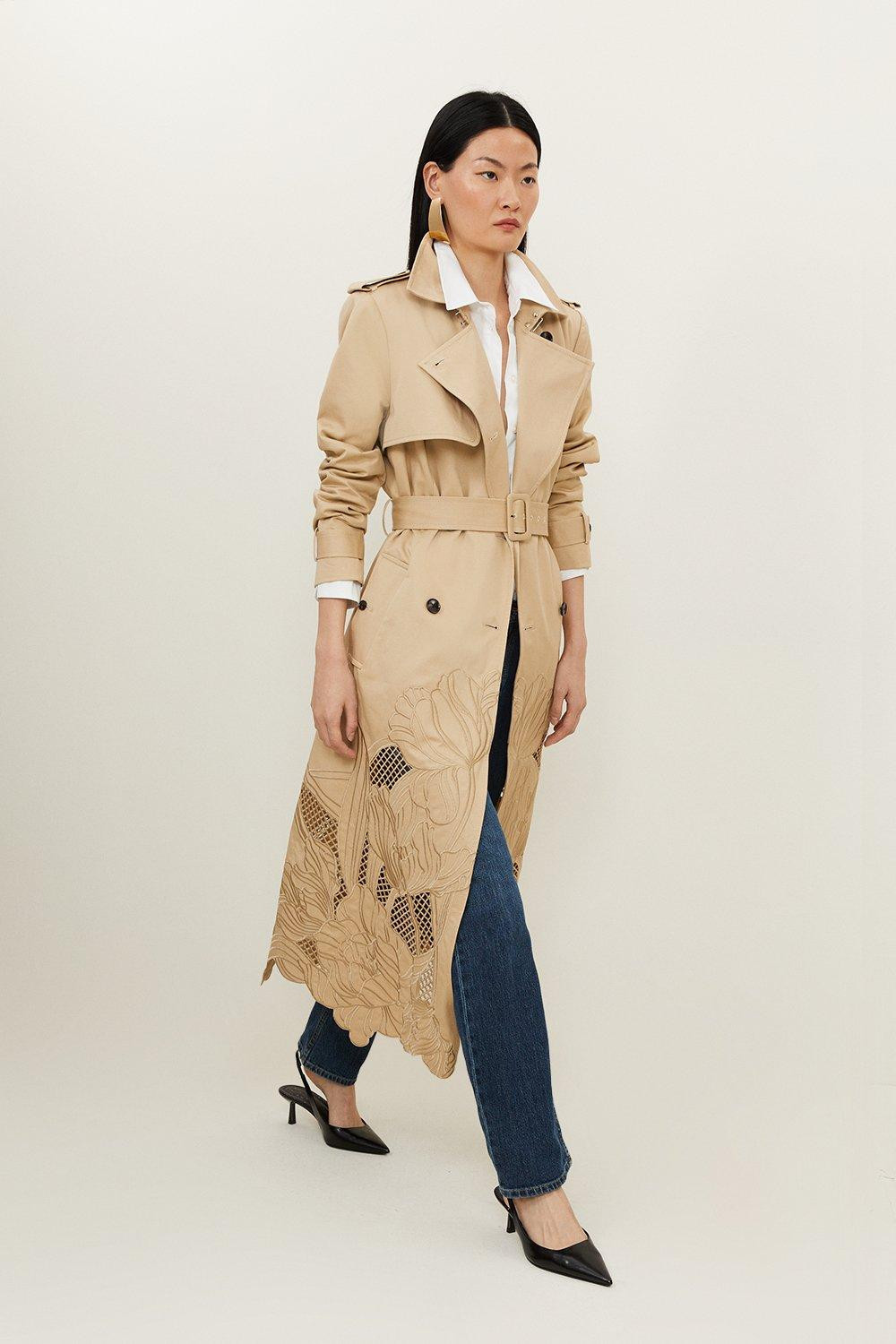 Tailored Cutwork Embroidered Belted Trench Coat | Karen Millen UK + IE + DE + NL