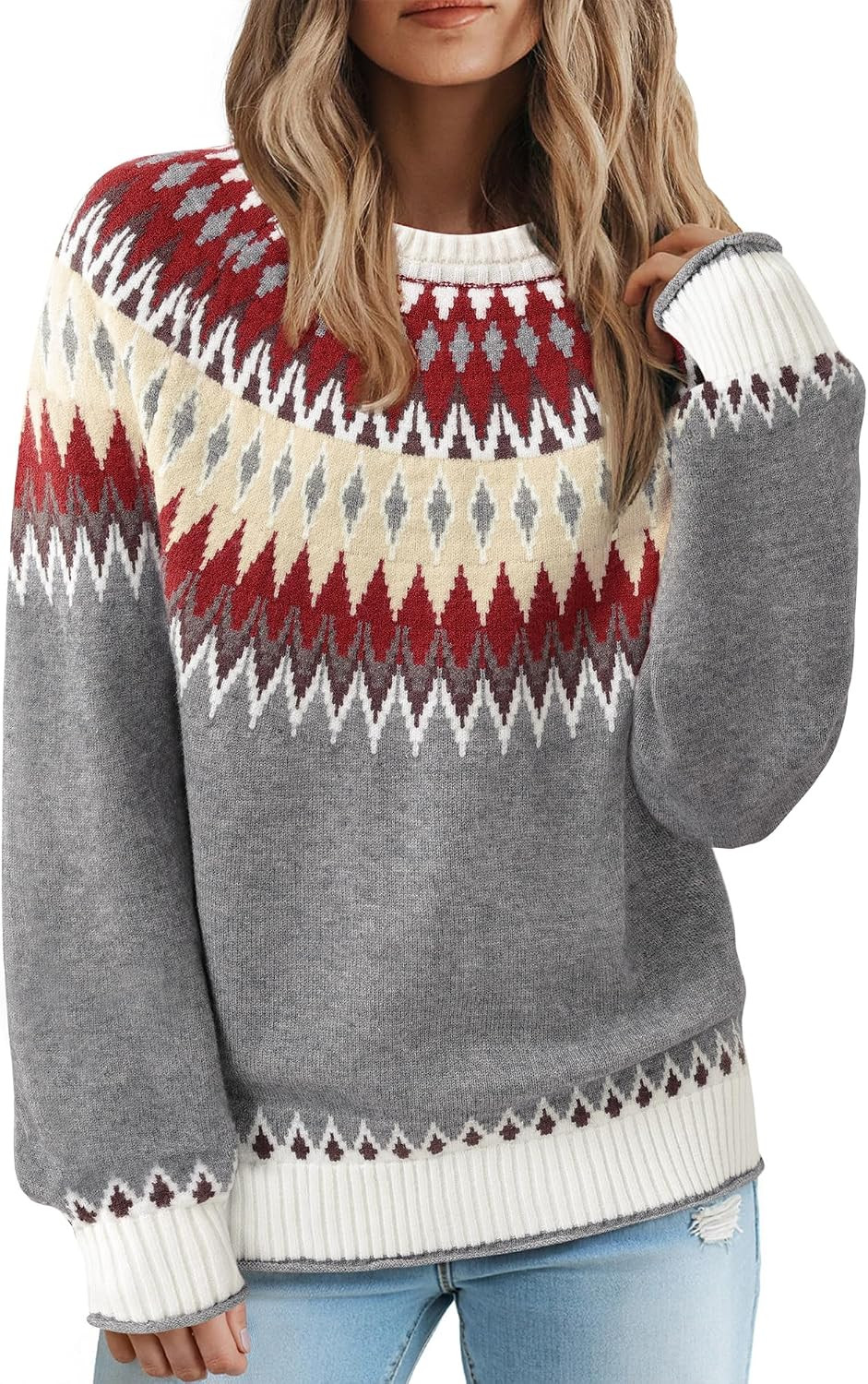 Fair Isle Sweater Women Vintage Color Block Cozy Knit Pullover | Amazon (US)