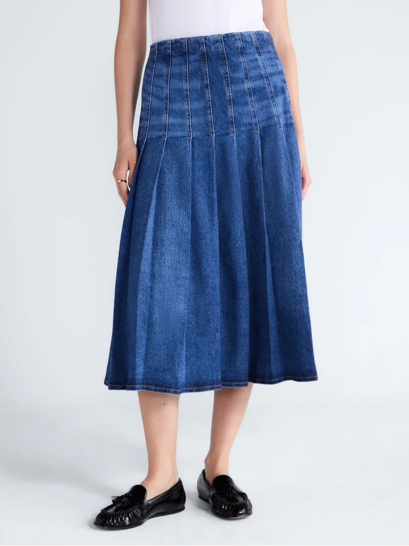 Free Assembly Women's and Women's Plus Stitched Pleat Denim Maxi Skirt, Sizes 0-28W | Walmart (US)