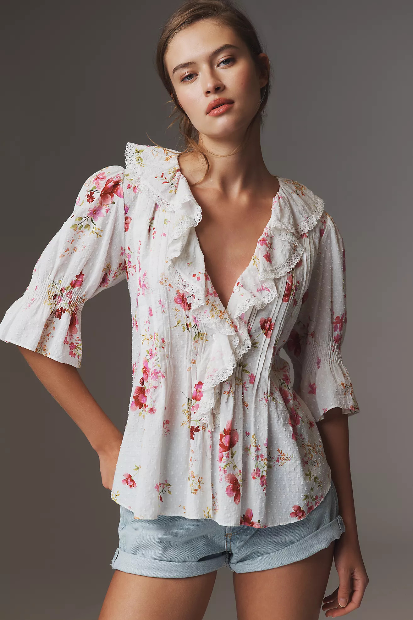 By Anthropologie Ruffled Pin-Tuck Button-Front Blouse | Anthropologie (US)