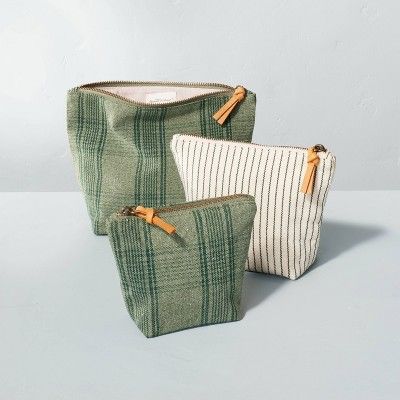 3pc Plaid &#38; Stripe Travel Pouch Set Green/Cream - Hearth &#38; Hand&#8482; with Magnolia | Target