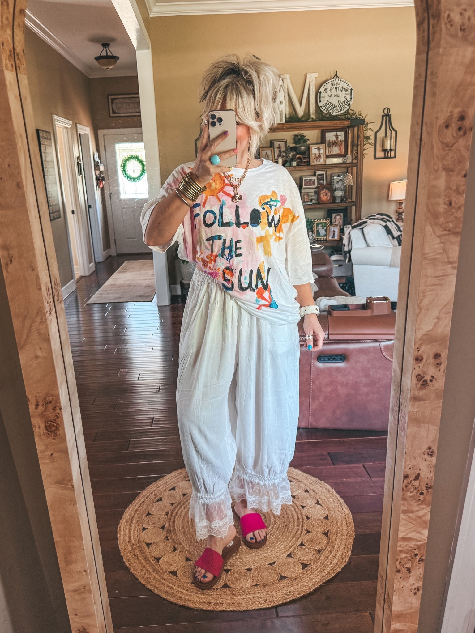 This tee is so fun and I love these white pants. These YELLOWBOX pink sandals are perfect with this look. Added the perfect pop of pink. 

@Yellow Box #ad #sponsored #yellowboxpartner

#LTKgrwm #LTKootd #LTKOver40