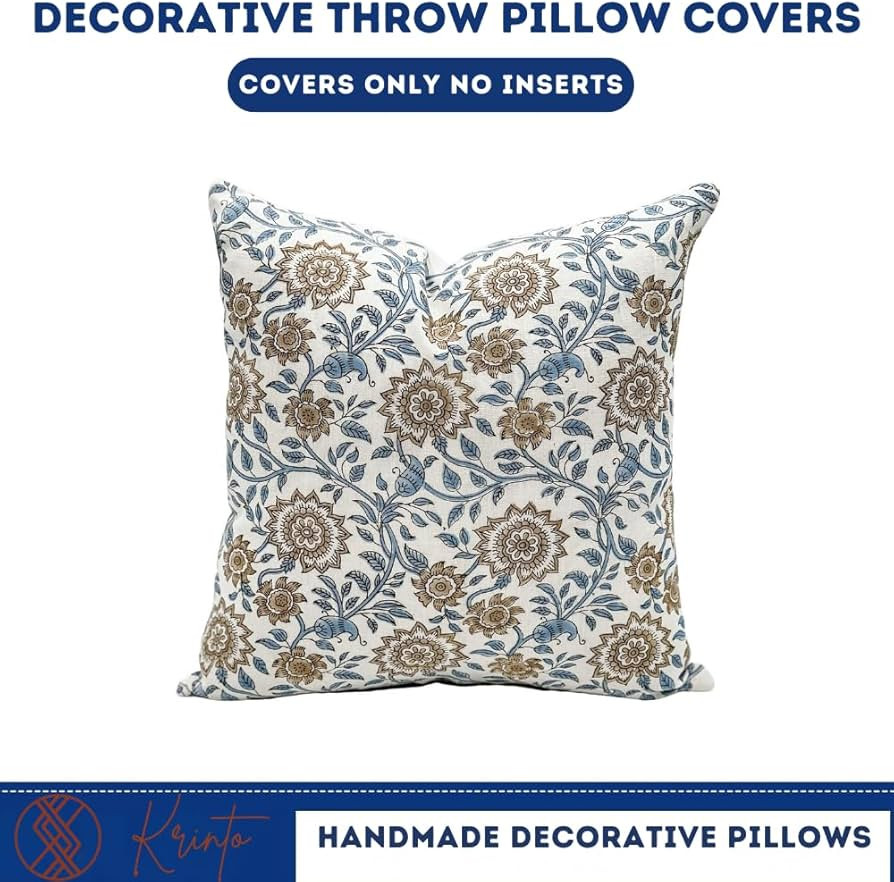 Designer Floral Print on Off White Linen Pillow Cover, Blue and Beige Pillow, Boho Décor Pillow,... | Amazon (US)