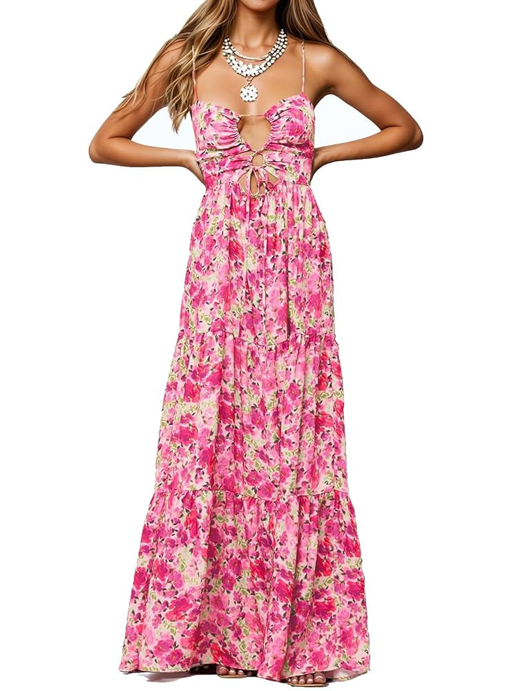 Womens Summer Floral Spaghetti Strap Backless Low Cut Smocked Milkmaid Flowy Beach Sundresses | Amazon (US)