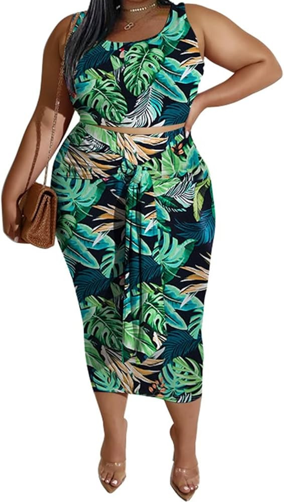 IyMoo Womens Sexy Plus Size 2 Piece Midi Dress Outfits - Sleeveless Tie Dye Print Tank Crop Top B... | Amazon (US)