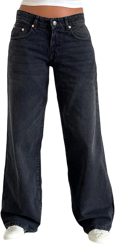 Women Y2k Low Rise Baggy Jeans Loose Fit Boyfriend Straight Wide Leg Jeans Trendy Stretch Long De... | Amazon (US)