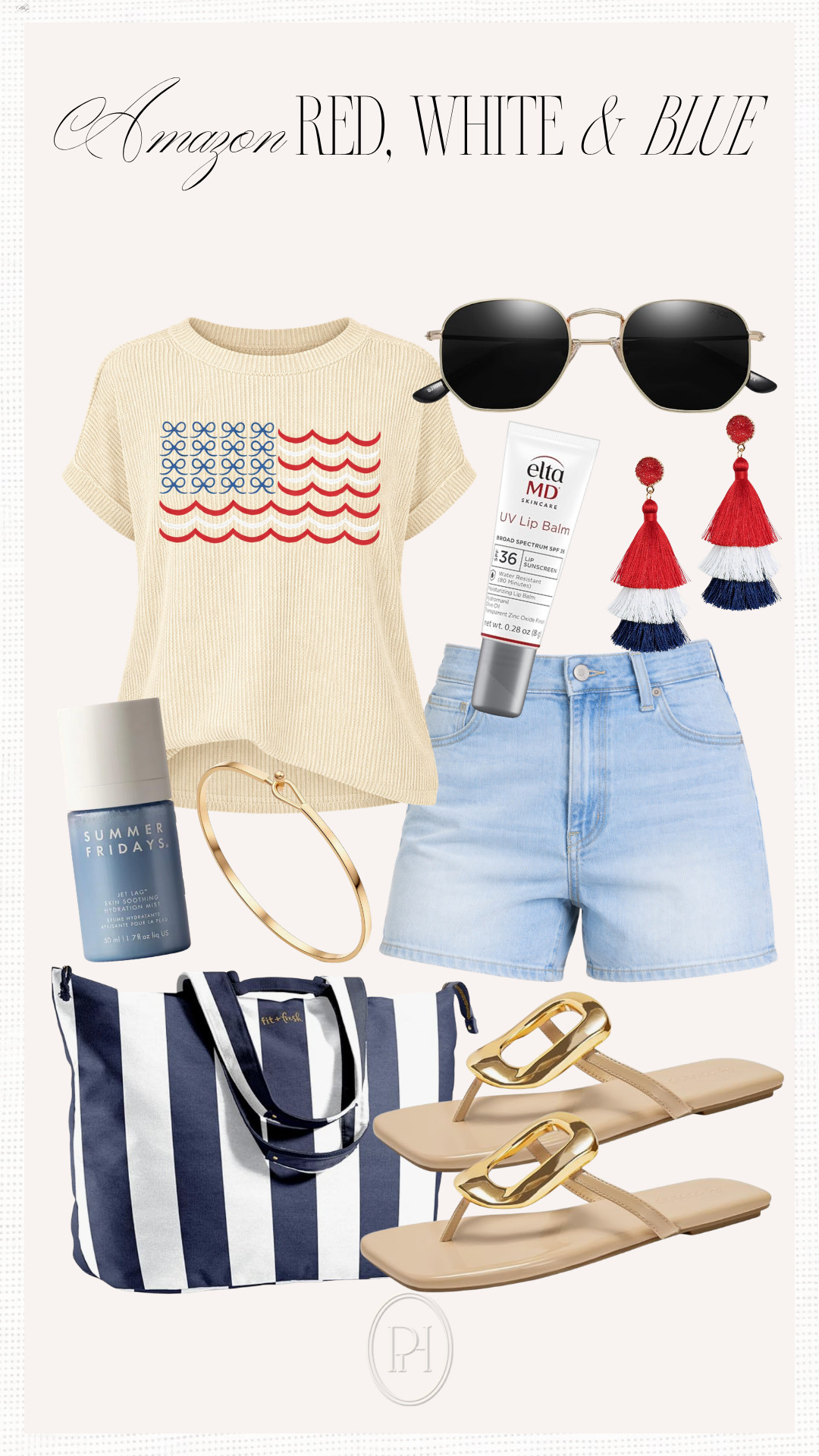 Loving these Amazon finds for a super cute Memorial Day look!

knit tee, American flag top, light wash shorts, jeans shorts, denim shorts, tassel earrings, sunglasses, red, white and blue, gold bracelet, bangle bracelet, striped tote, oversized beach bag, beach tote bag, lake day look, 4th of July, Independence Day, sunscreen lip balm, UV lip balm, face mist, summer beauty essentials, summer style, summer looks, summer outfit, summer fashion, beach day, white sandals, stars and stripes 

 #LTKgrwm #LTKootd #LTKSeasonal