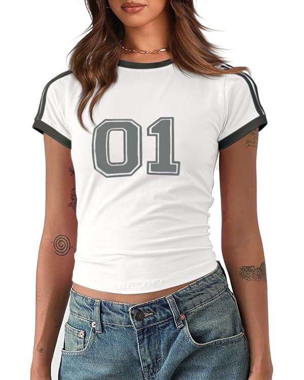 Imily Bela Womens Summer Crop Tops Y2k Baby Tees Cute Letter Print Short Sleeve Vintage T Shirt | Amazon (US)