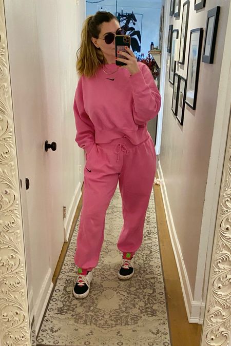 Livingggg in this pink matching sweatsuit!!! The sweater runs oversized so order down if between (I’m in a small) and the sweatpants also run oversized so I’m also in a M. paired with gold jewelry and necklaces and my Nike sneakers. Will link what I can and also comes in plus sizes! 

Nike, sweatshirt, sweatsuit, sweatpants, pink set, spring set, mom outfit, casual outfit, comfy, curvy friendly, plus size 

#LTKmidsize #LTKfindsunder100 #LTKfitness