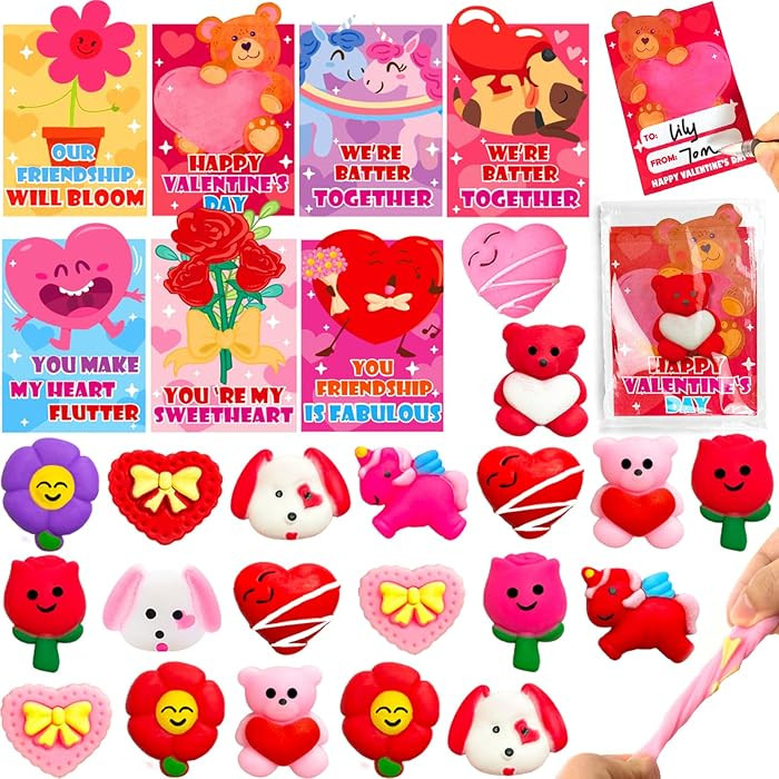 28 Pack Valentines Day Gifts for Kids Mochi Squishy , Kawaii Squeeze Heart Bear with Funny Valent... | Amazon (US)