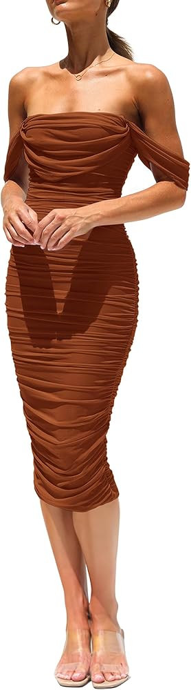 PRETTYGARDEN Women's Summer Off The Shoulder Ruched Bodycon Dresses Sleeveless Fitted Party Club ... | Amazon (US)