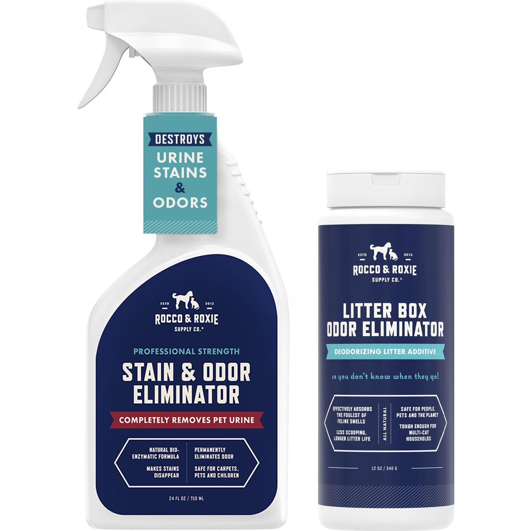 Rocco & Roxie Supply Co. Litter Box Cat Odor Eliminator, 12-fl oz bottle + Professional Strength Stain & Odor Eliminator, 24-fl oz spray | Chewy