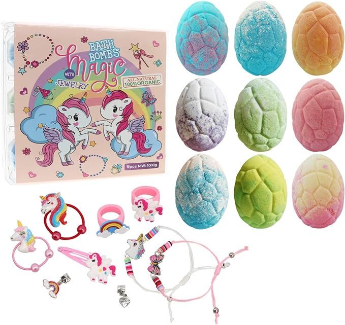 Unicorn Bath Bombs Gift Set with Jewelry Inside, 9 Pack Organic Kids Bath Bombs with Surprise Ins... | Amazon (US)