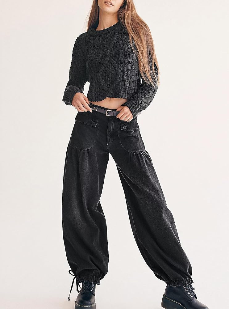 Low Rise Barrel Jeans Women Lotus Tube Wide Leg Denim Pants Boyfriend Pleated Ruffle Tie Hem Y2k ... | Amazon (US)
