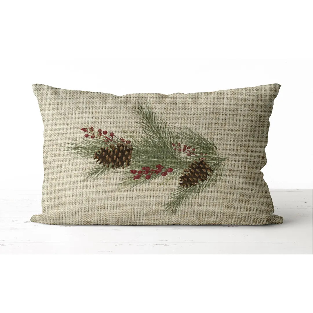 Winter Pine Branch Lumbar Pillow | Rustic Burlap Pine Cones and Berries Pillow | Christmas Decor ... | Etsy (US)