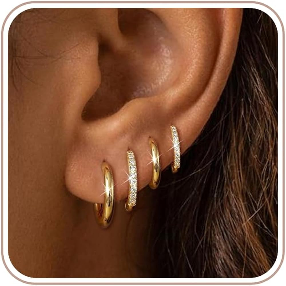 4 Pair Small Gold Hoop Earrings for Women Sensitive Ears - Hypoallergenic 14k Real Gold Plated Ho... | Amazon (US)