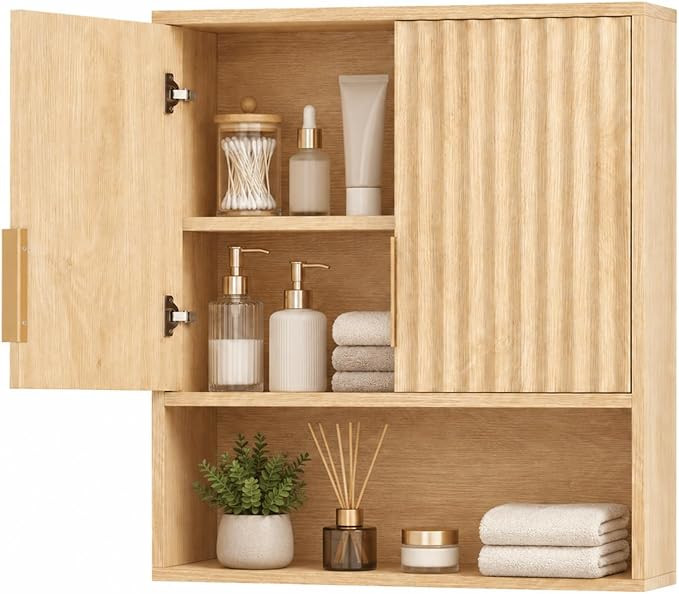 VINGLI Bathroom Wall Cabinet with Fluted Doors, Natural Oak Wall Mounted Medicine Cabinet with Ad... | Amazon (US)
