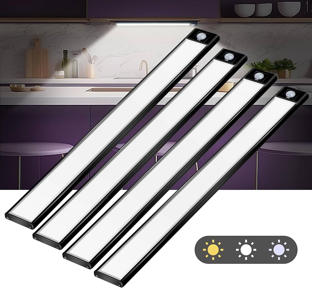69 LED Under Cabinet Lights 4 Packs, 3 Color Dimmable Motion Sensor Closet Lights, 3000mAh Rechar... | Amazon (US)
