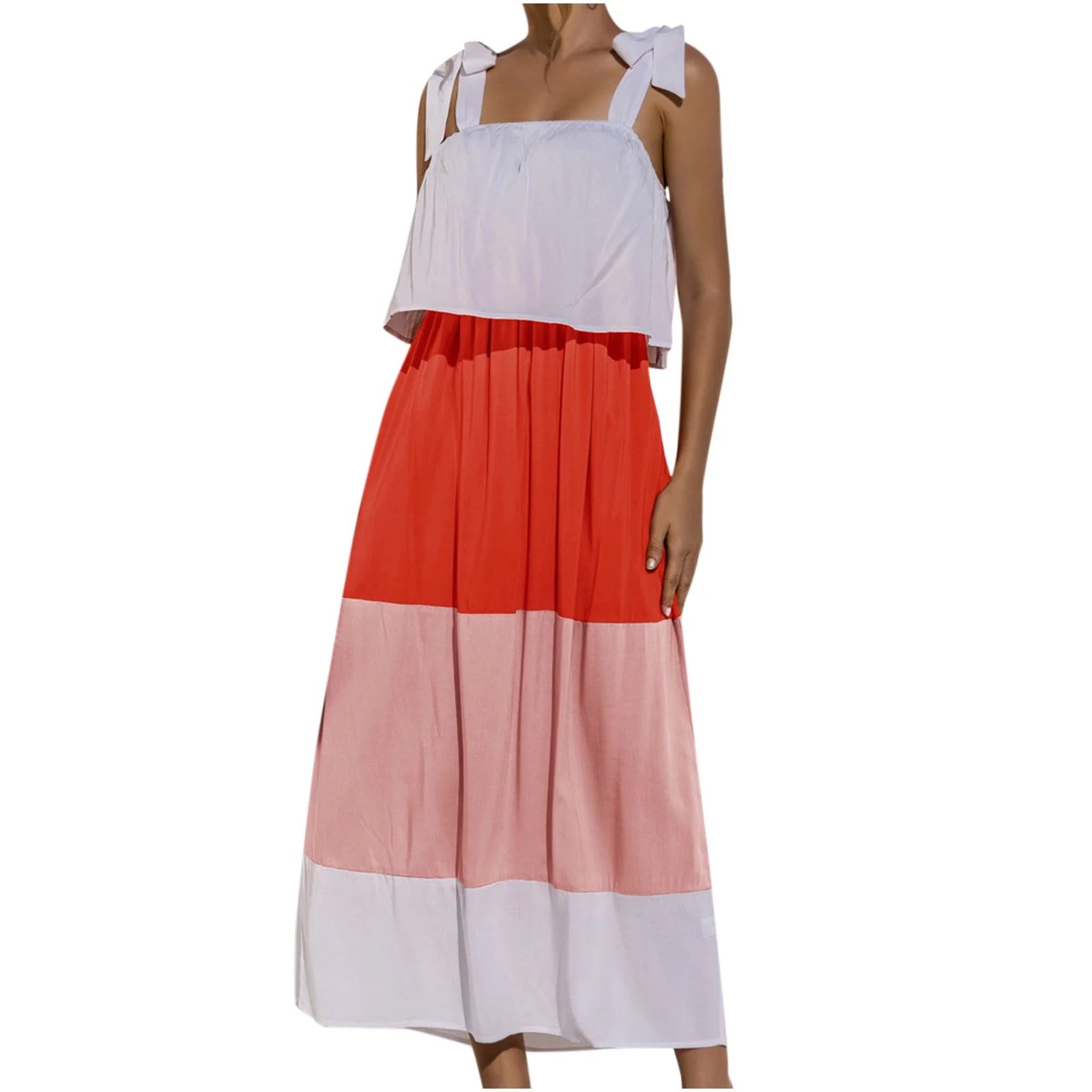 Women's Color Block Maxi Dress Casual Square Neck Bowknot Strap Sleeveless Patchwork Cami Dress S... | Walmart (US)