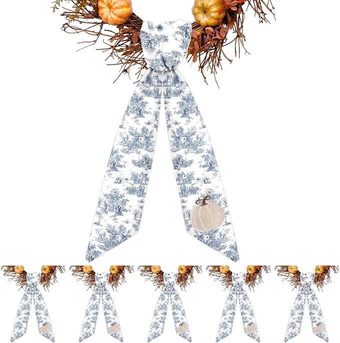 XunYee 6 Pcs Fall Wreath Sash for Front Door, Embroidered White Pumpkin | Amazon (US)