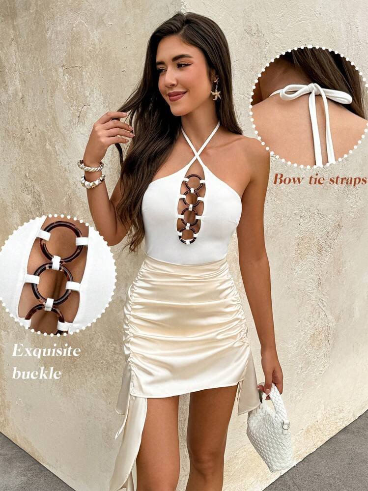 Damen Halskette Mit Bernstein-Ausschnitt Und Einfachem T-Shirt, Lässig Alltags-Bekleidung | SHEIN