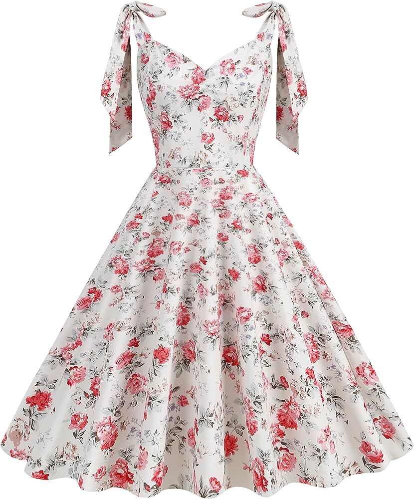 1950s Dresses for Women Vintage Tie Shoulder Dress Floral Print Swing A Line Midi Summer Dress Co... | Amazon (US)