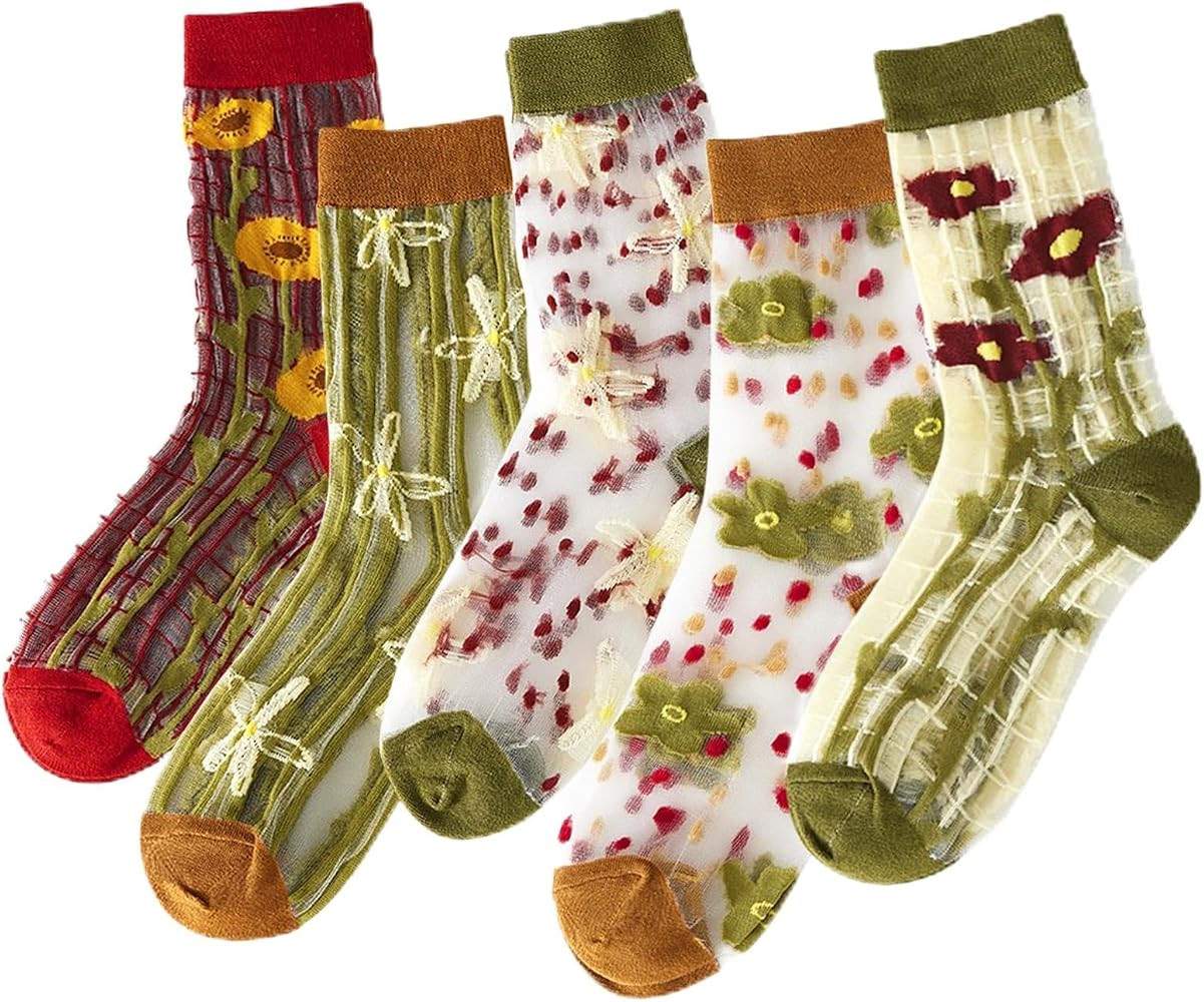 DXYAKY Women's Sheer Floral Embroidered Socks - Vintage Transparent Thin Mesh Crew Socks, Cute & ... | Amazon (US)