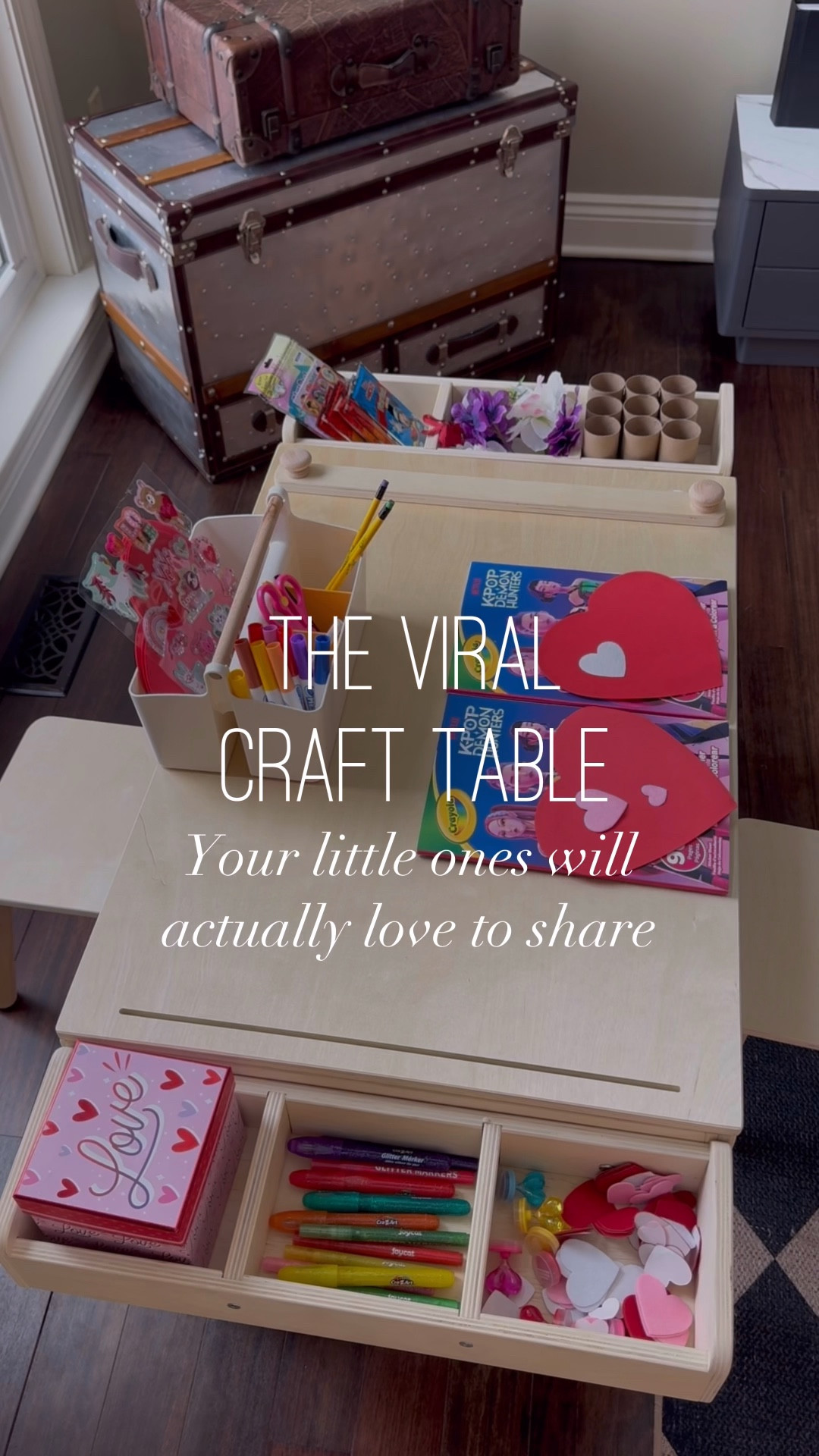 Viral craft table + five minute Valentine’s Day craft set up! I honestly just grabbed things that I had around the house and items from Amazon: 
- toilet paper rolls as the vase bottom for the flower arrangements 
- cheap flowers with the stems cut short 
- felt hearts, stickers, and stamps
- Kpop coloring books 
- glitter markers 
- vday boxes to decorate 
- leftover coloring play packs from previous bday parties 

#LTKValentine