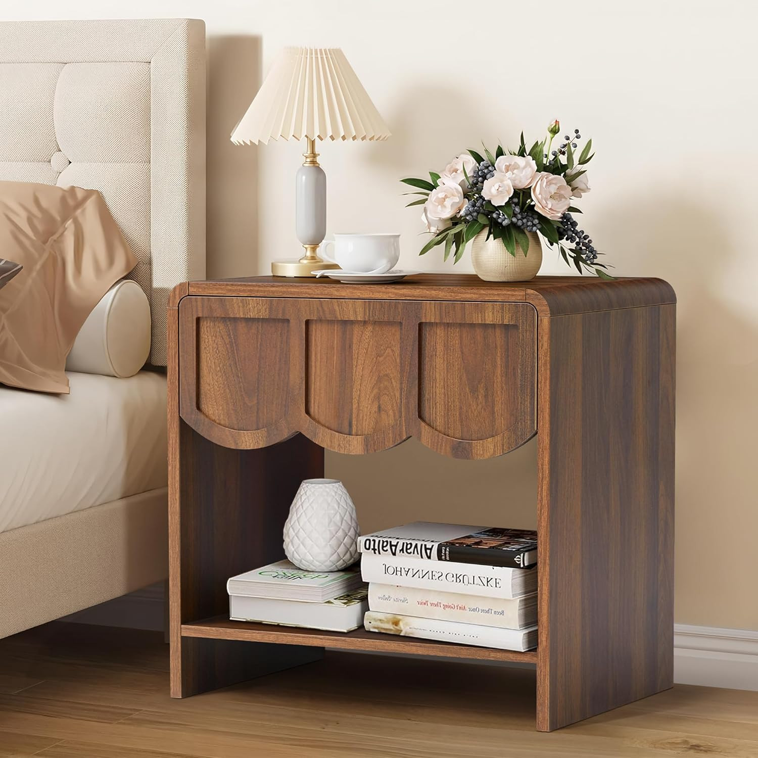 Small Night Stand, Mid Century Modern Farmhouse Wood Nightstand with Wave Panel Drawer, Bed Side End Table for Small Space, Living Room - Walnut | Amazon (US)