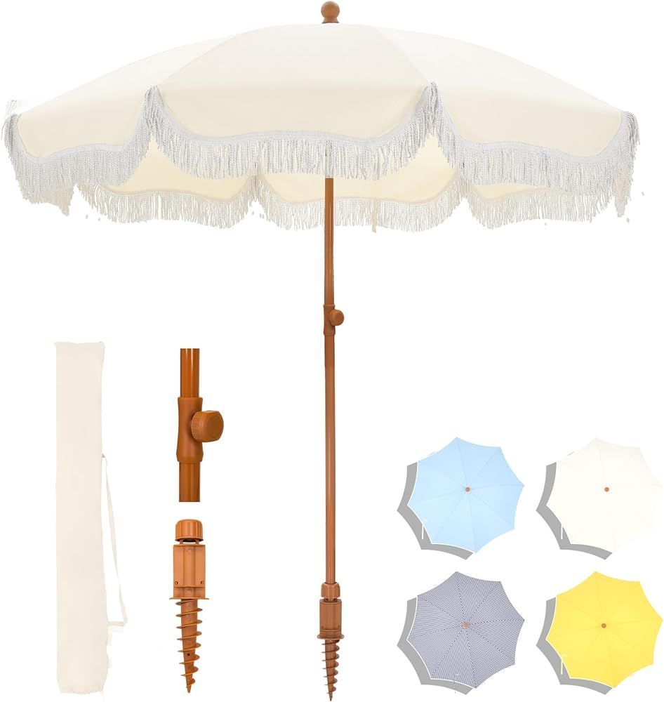 MFSTUDIO 7ft Beach Umbrella with Fringe, Tassel Umbrellas UPF50+ with Tilt Button & Crank, Holida... | Amazon (US)