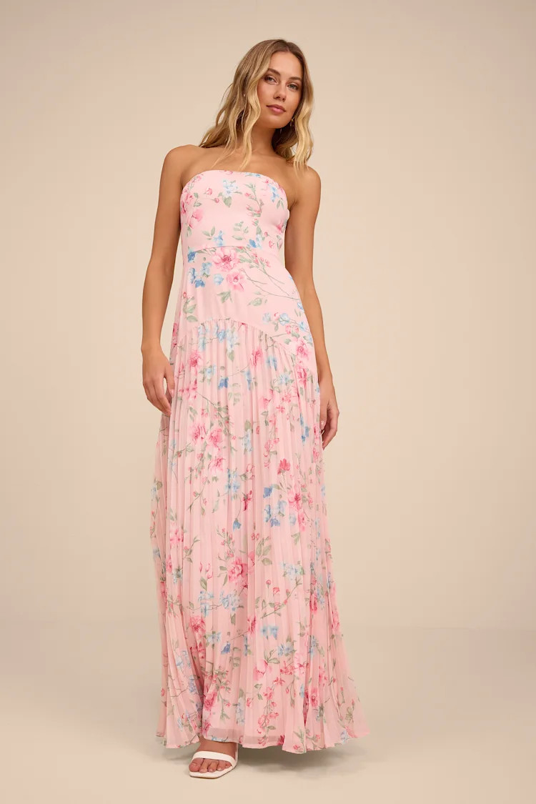 Celebratory Aesthetic Pink Floral Pleated Strapless Maxi Dress | Lulus
