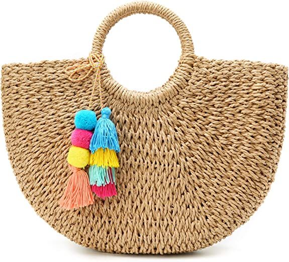 Womens Large Straw Beach Tote Bag Hobo Summer Handwoven Bags Purse wth Pom Poms | Amazon (US)