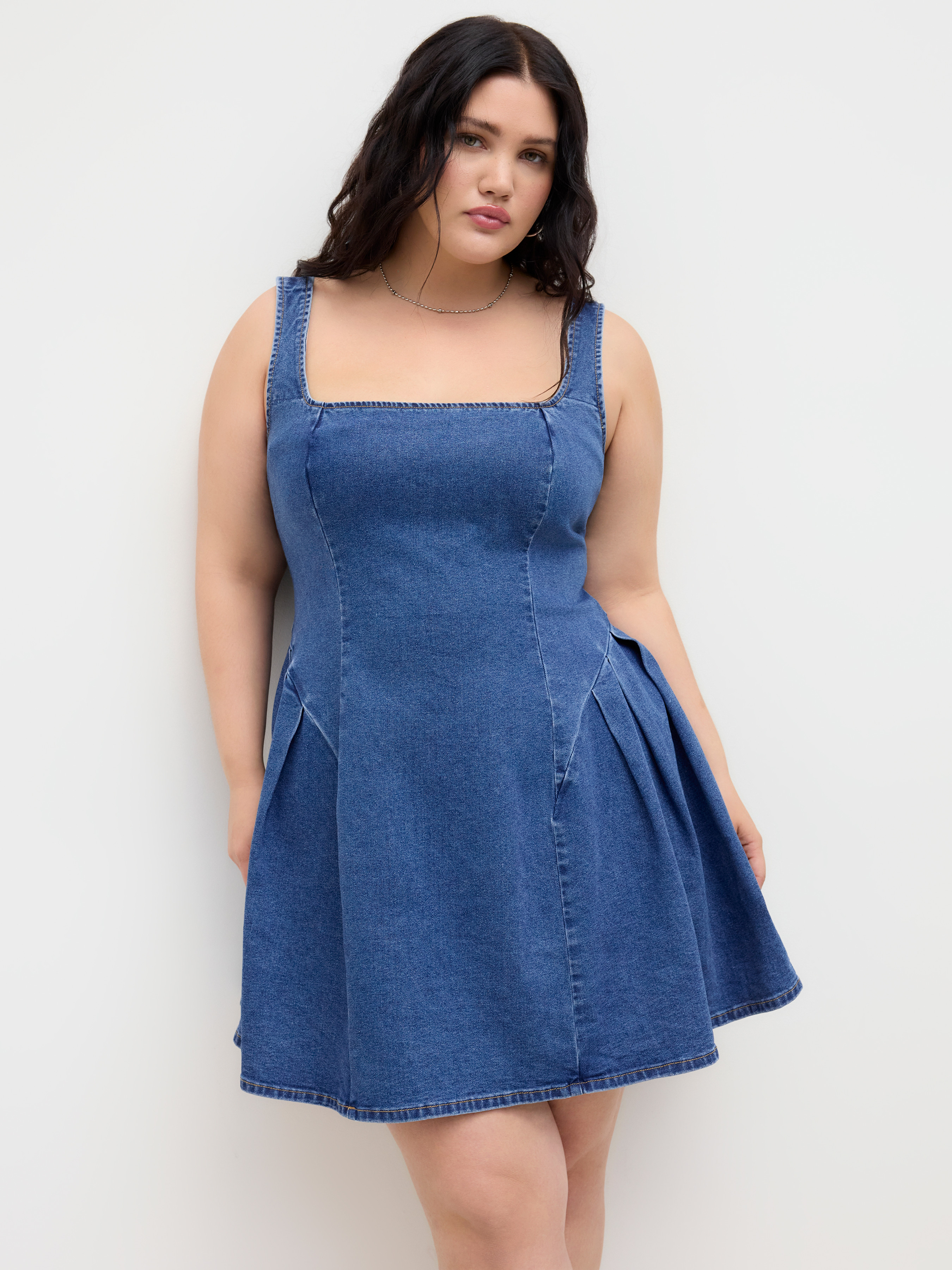 High Stretch Denim Square Neck Ruffle Mini Dress Curve & Plus | Cider