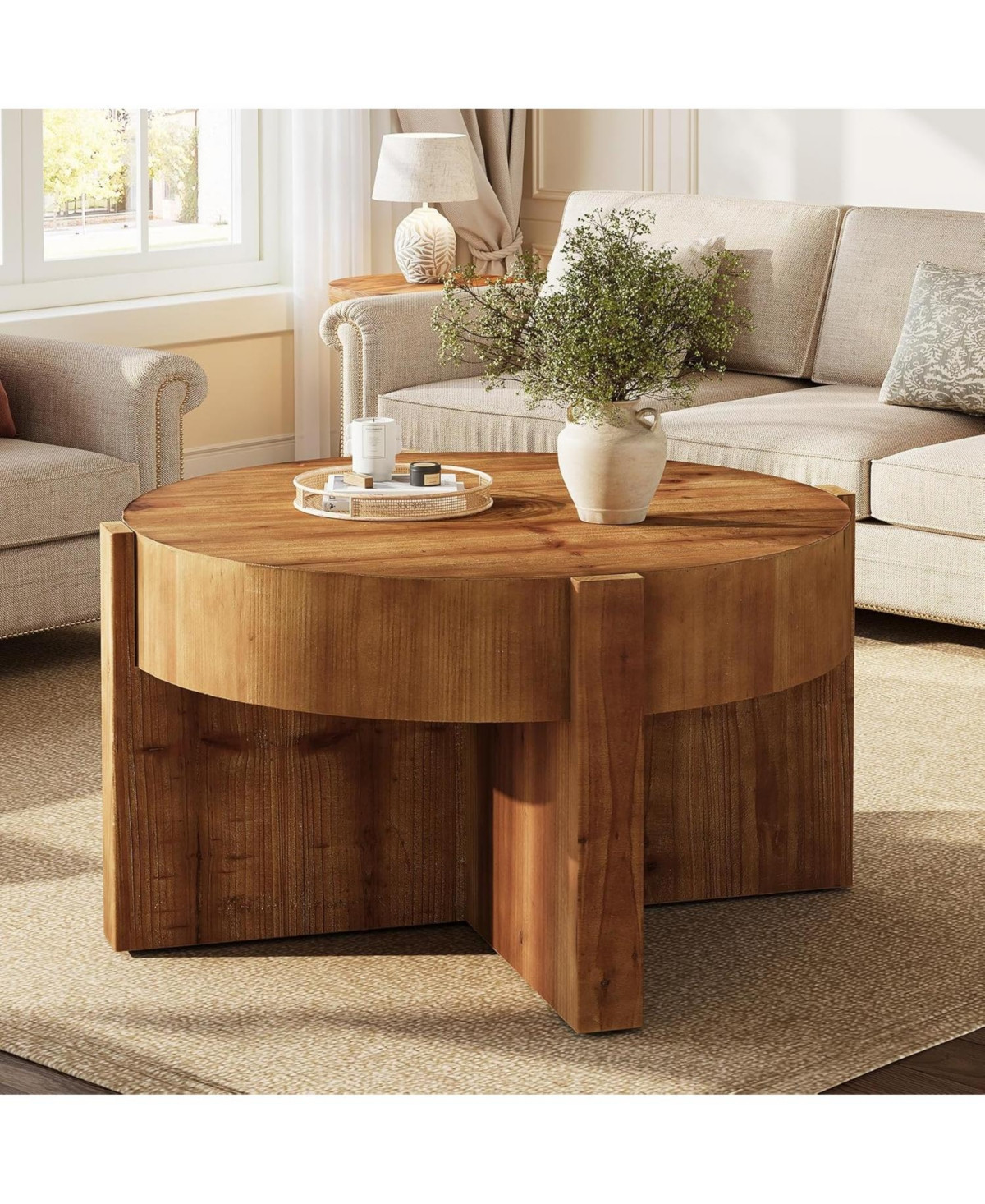 Tribesigns Round Solid Wood Coffee Table, 31.5" Farmhouse Center Table with Thick Tabletop and X-Shaped Legs for Living Room, Easy Assembly - Rus | Macy's