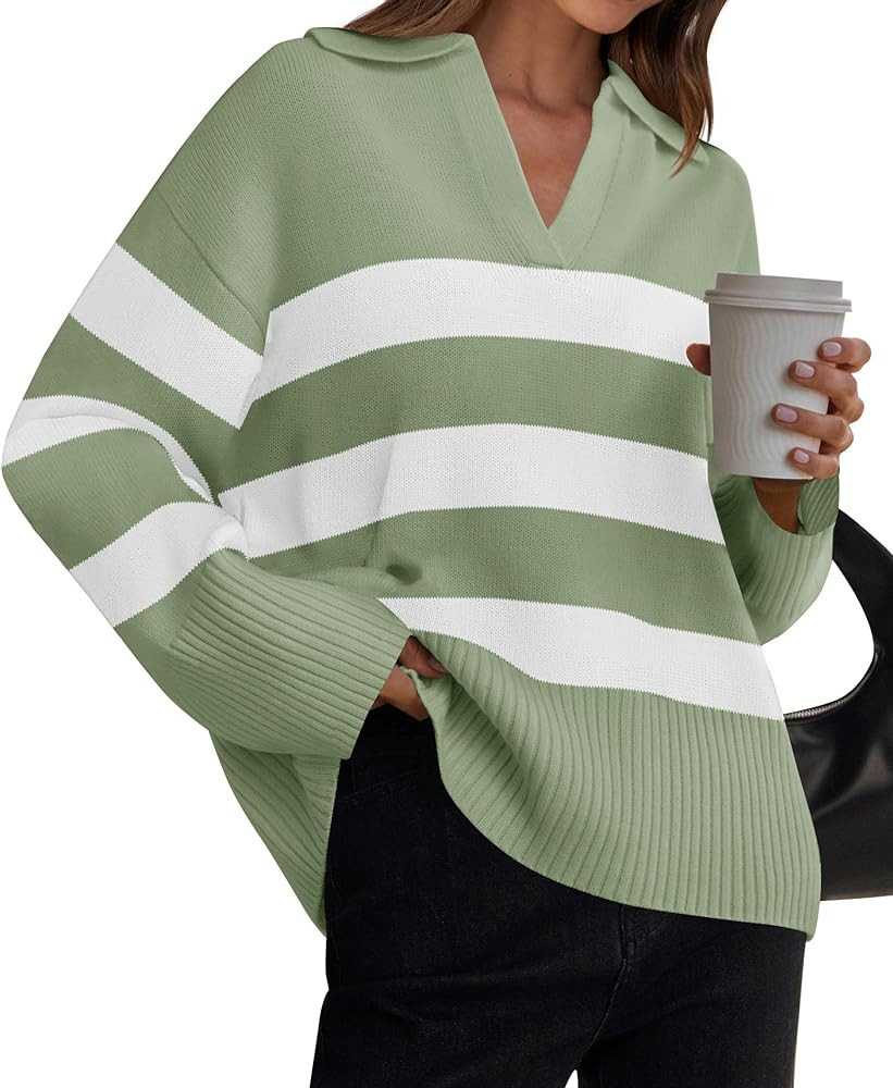 ZESICA Women's 2024 Winter Striped Sweaters Lapel V Neck Long Sleeve Chunky Knit Oversized Pullov... | Amazon (US)