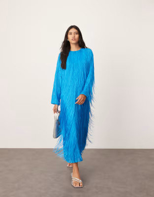 ASOS EDITION fringe detail crew neck maxi dress in bright blue | ASOS | ASOS (Global)