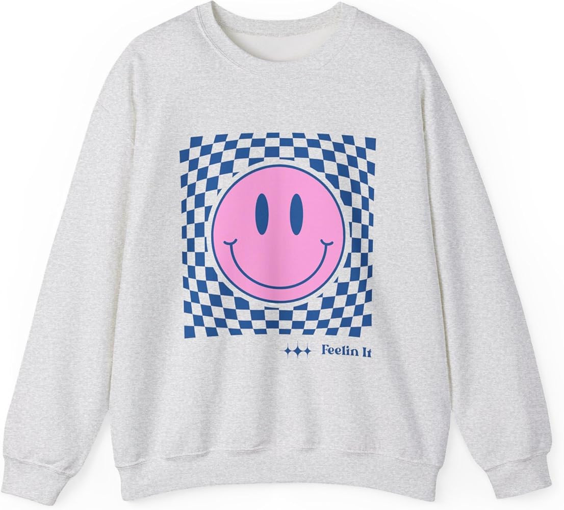 Pink Smiley Face Checkerboard Crewneck Sweatshirt | Feelin It | Amazon (US)