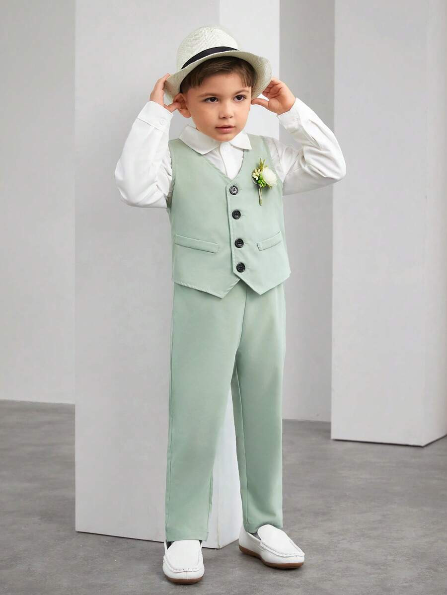 SHEIN Young Boy Gentleman 2pcs Set Vest Suit Jacket + Trousers, Elegant Formal Outfit For Birthda... | SHEIN