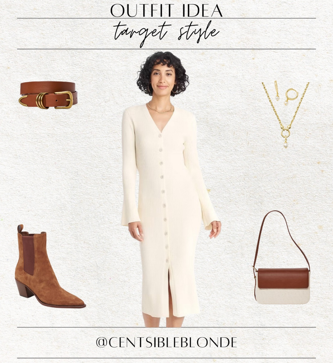 Winter style, winter outfit, fall outfit, fall style, gold jewelry, pearl and gold jewelry, brown belt, brown and gold belt, sweater dress, cream dress, midi dress, long dress, brown and cream handbag, purse, target outfit, target style, styled outfit, Kendra Scott 

#LTKMostLoved #LTKStyleTip #LTKFindsUnder50