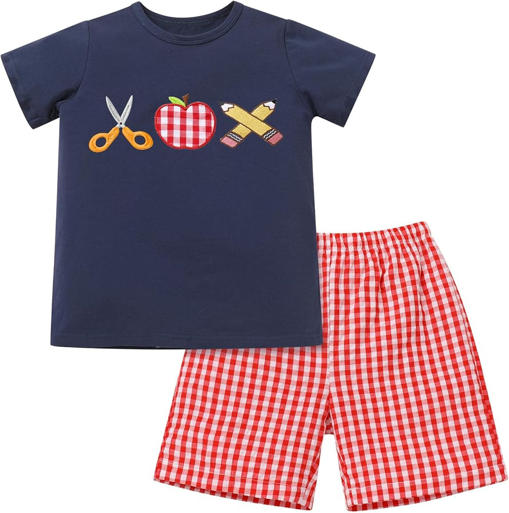OBEEII Back to School Outfit Toddler Boy Short Sleeve Graphic Shirt Gingham Shorts First Day of S... | Amazon (US)
