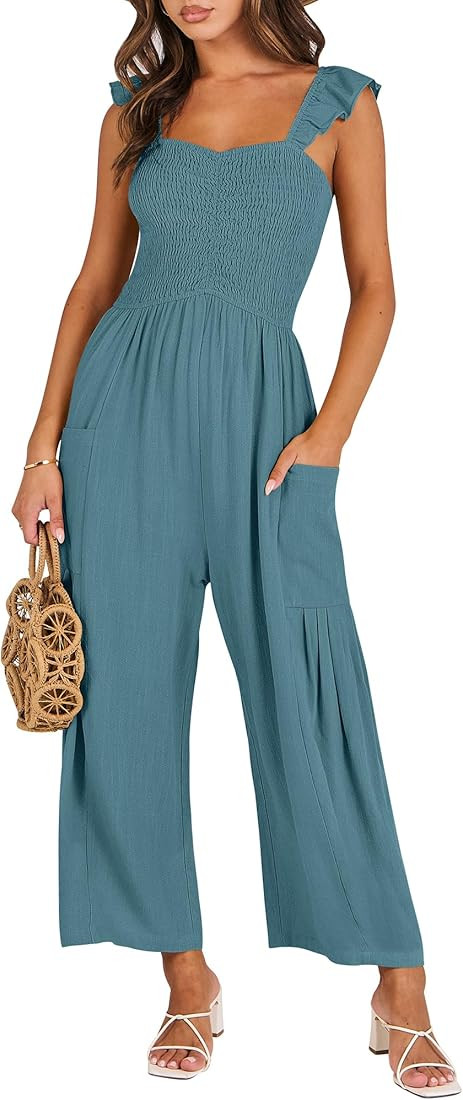 ANRABESS Women Summer Casual Dressy Sleeveless Smocked Wide Leg Linen Jumpsuits Rompers 2024 Tren... | Amazon (US)