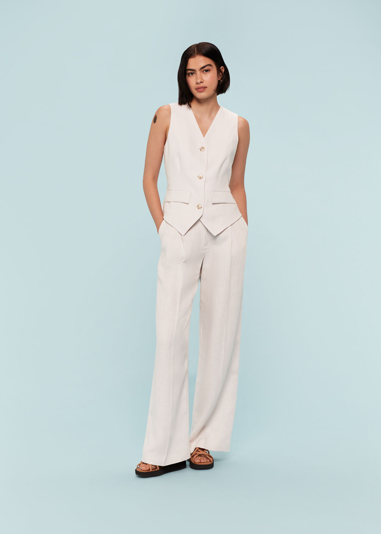 Neutral Lea Pleat Linen Trouser | WHISTLES | | Whistles