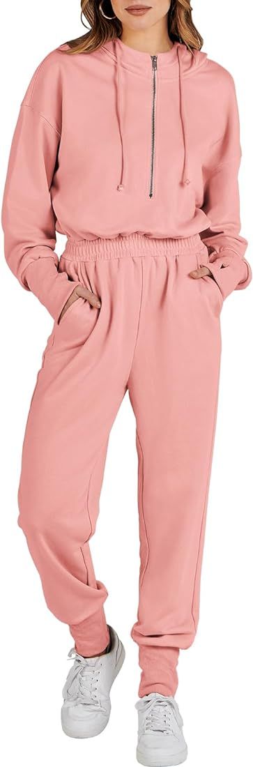 Caracilia Womens Jumpsuit Long Sleeve Zip Up One Piece Casual Lounge Hooded Sweatsuit Sweat Pants... | Amazon (US)