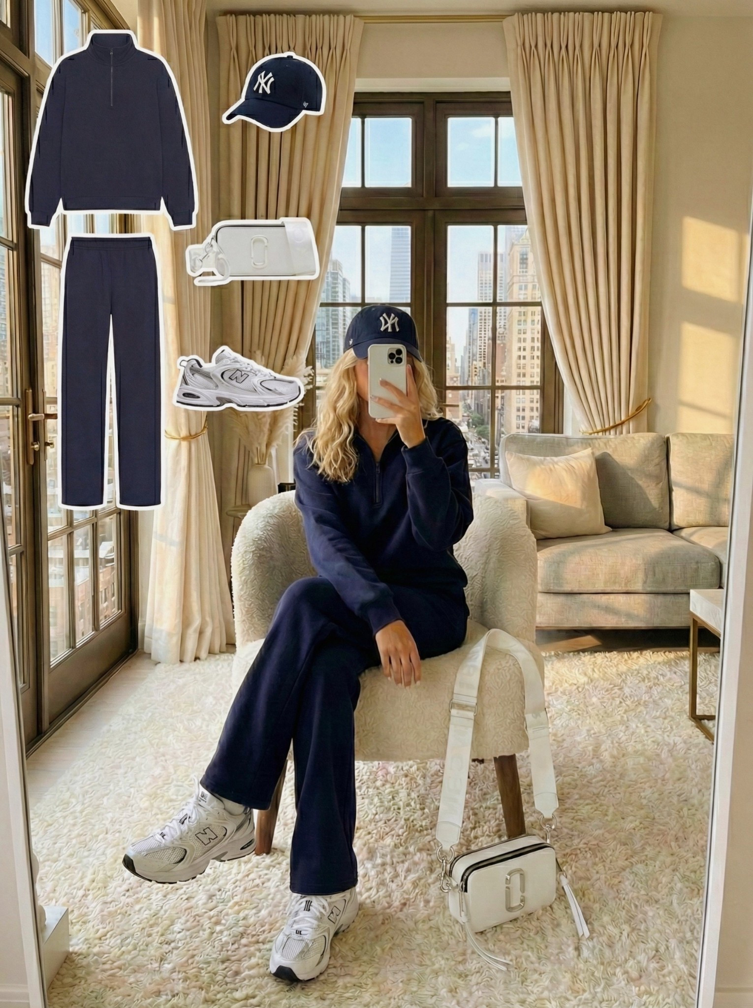 A clean navy set keeps travel days effortless and put together. The half zip adds an easy sporty feel, balanced by wide leg joggers that stay comfy from gate to gate. A matching cap pulls the look together, while classic silver sneakers keep things practical without losing style. The white crossbody adds a bright touch that stays functional for moving through the airport.

❤️ Style notes
• Navy half zip for relaxed structure
• Matching joggers for all day comfort
• Silver sneakers for easy walking
• NY cap for a cohesive finish
• White crossbody for a light, practical accent

Everything linked and airport ready.