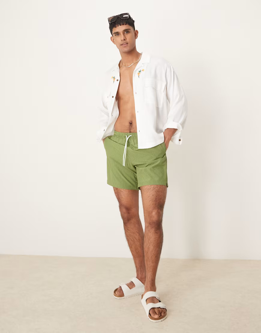 Abercrombie & Fitch 7-inch drawstring swimming trunks in green stripe | ASOS (Global)