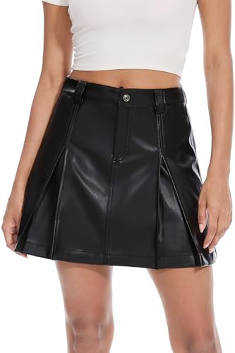 Fahsyee Black Leather Skirt for Women, Faux Mini Skirts with Pleated, A Line High Waisted for Date Concert Club Outfits, M | Amazon (US)